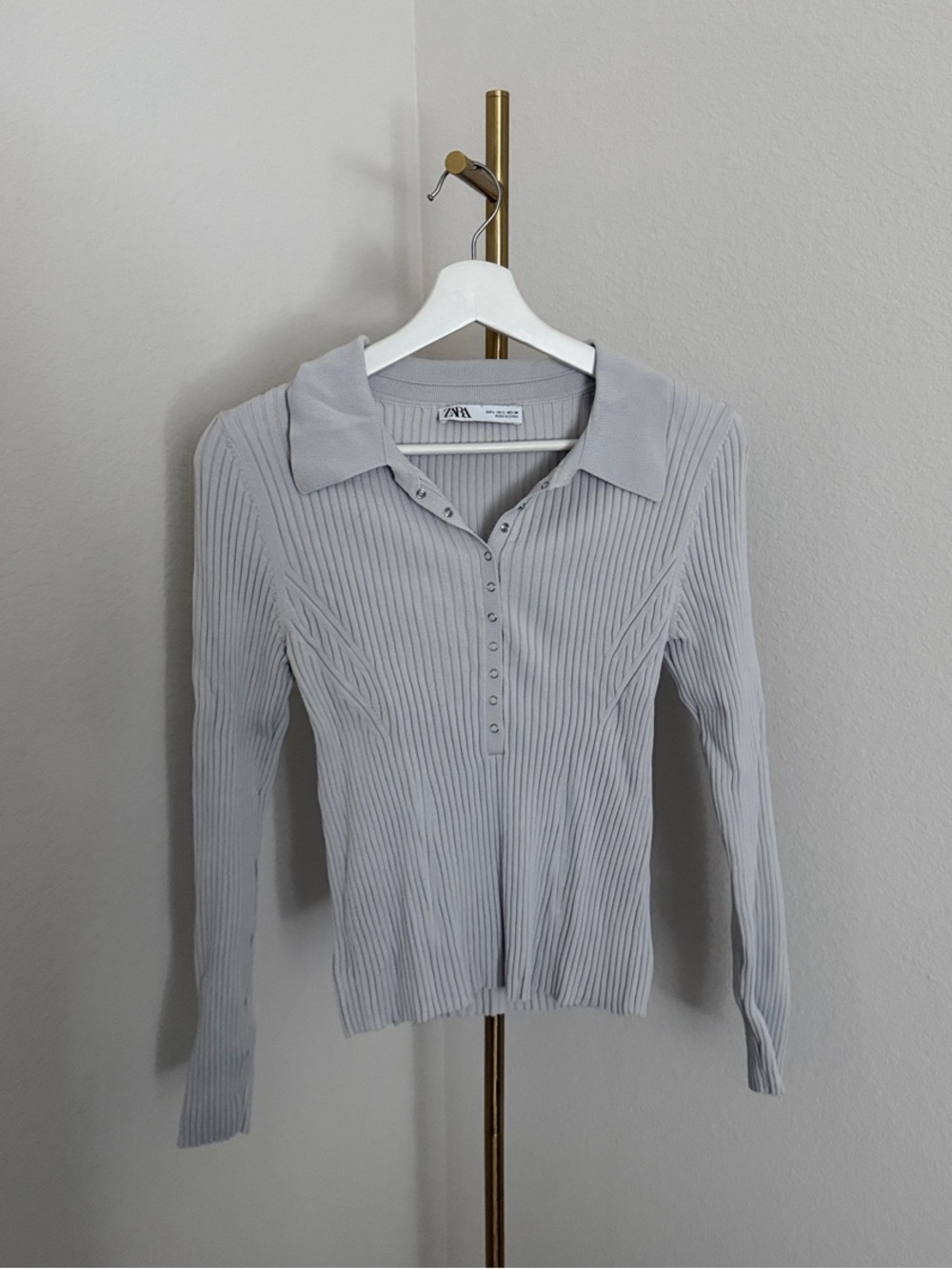 Zara Light Gray Ribbed Polo Button-Down Long Sleeve Top